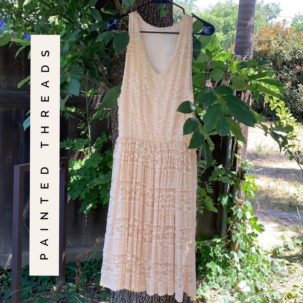 PAINTED THREADS Cream Lace Midi Dress Sleeveless V-Neck Wedding Bridesmaid L